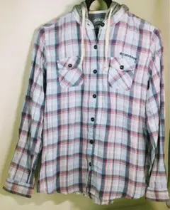 CONVERSE☆フード付きチェックシャツ　 長袖　ブルー　LLサイズ