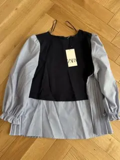 ZARA プリーツ切替 長袖ブラウス ネイビー×ストライプ L 新品のサムネイル