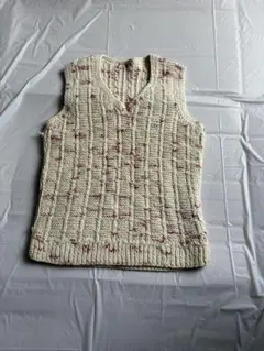 美品 手編み風 ニットベスト Vネック ミックスカラー 白 赤 派手カワ レトロ