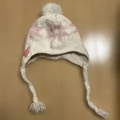 キッズ用ニット帽 白とピンク 雪の結晶