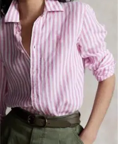 レアな大人ピンク♡ラルフローレン　ワンポイント刺繍ストライプリネンシャツ　ピンク