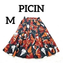 【PICIN】フレアスカート　M　グリーン×エンジ　花柄　ミモレ丈おしゃれモード