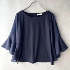 美品✨エポカザショップ　袖刺繍　五分袖カットソーブラウス　ネイビー　タイトめM