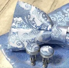 蝶ネクタイ チーフ カフス セット ブルー 青 ペイズリー 結婚式 披露宴