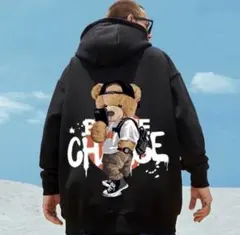 【新品未使用】クマ柄フード付きパーカー　トレーナー　ストリート　裏起毛