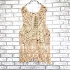 ザラ　クロッシェ編みニット ノースリーブ　フリンジ　レース編み　ベージュ