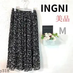 【イング】ロング フレア スカート 花柄 プリーツ 黒 総柄 ゴム 軽 M