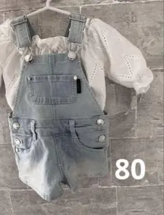 ベビーオフショルダーブラウス&デニムサロペット春夏物バースデイSHEIN80cm