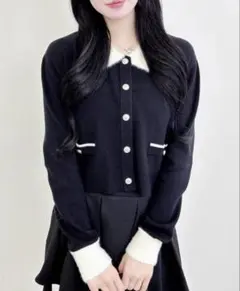 フェザー襟配色ニットカーディガン ブラック オフホワイト