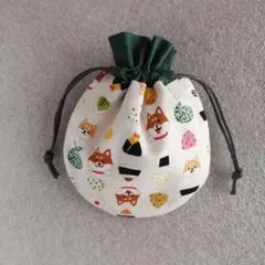 まんまるミニ巾着袋268　中　横12cm 柴犬　おにぎり　ダークグリーン