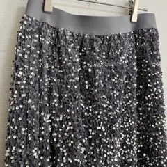 スパンコール シルバー グレー ロングスカート ＸＬ　お呼ばれにも◎