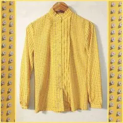 昭和レトロ古着★黄色フリルスタンドカラー白小花柄ピンタックブラウス