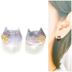 グレイ8mm猫ピアス/イヤリング　再販