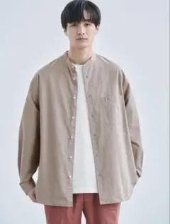 チェック柄バンドカラーシャツ ベージュ