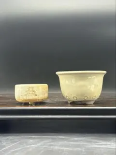 陶器製 絵柄とクリーム色 丸型鉢 盆栽用