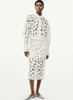 H&M イギリス刺繍サテンレースジャケット ホワイト カットアウト長袖シャツ