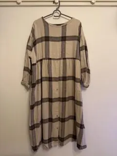 サマンサモスモス　リネン混前後着ワンピース　ベージュ　綿麻　チェック