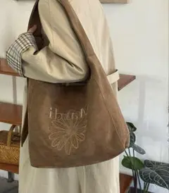 ブラウン スエード風 トートバッグ 花刺繍