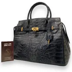 美品■マットクロコダイル　センター取り　ハンドバッグ　ブラック　カデナ　鍵付き