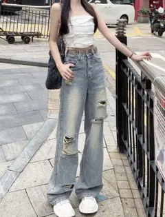 ライトブルーダメージデニムワイドレッグパンツ