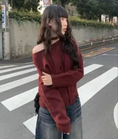 anyonemore マフラー付き裾ニットセット レッド