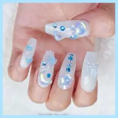 水色 夏 ネイルチップ ちゅるん ロング 推し活 クリア 韓国【週末値下げ中】