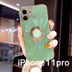 モスグリーンiPhone11pro用ケースリング付き黄緑ソフトカバーおしゃれ