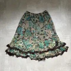 Super Beauty シルクひざ丈 フレアスカート 絹 総柄 緑 エレガントのサムネイル