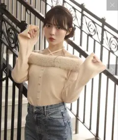 【新品】NICE CLAUP キラキラボタンファーオフショルニット