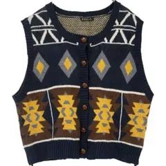 Very J ネイティブ柄 ニットベスト【M】紺 総柄 チマヨ柄 前開きボタン