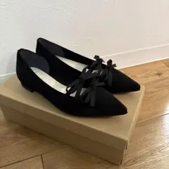 ダブルリボンポインテッドトゥフラットパンプス(0572)ブラックS