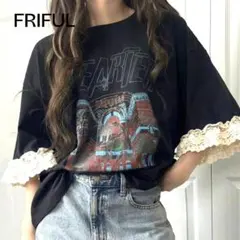 FRIFUL 100%コットン シアーレースTシャツ　XL ブラック
