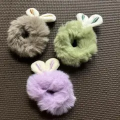 ウサギ耳付きファーシュシュ3色セット
