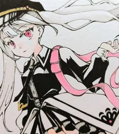 手描きイラスト　軍服　女子高生　オリジナル　アナログ　原画　色紙　水彩画　線画