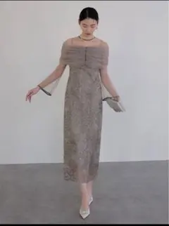 Leja チュールオフショルダー花柄Iラインワンピースドレス結婚式