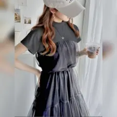 ＊＊＊　フレンチスリーブドッキングチュールレイヤードワンピース