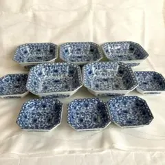 【新品未使用】龍峰窯　染付花唐草　親子鉢　角鉢　大小小鉢　五客揃　10点セット