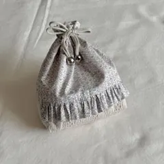 フリル付き巾着　リバティプリント〈フォレストウェーブ（ラベンダーピンク系）