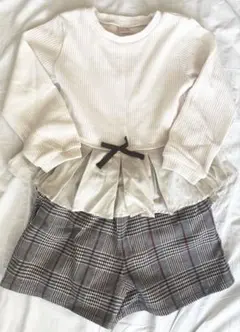 プティマイン　ホワイトリブ長袖トップスとチェックショートパンツセット