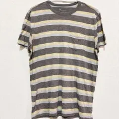 【XL相当】Gap ギャップマルチボーダーTシャツポケット付グレーイエローブルー