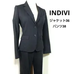 【新品】INDIVI　スーツ　パンツスーツ　上下セットアップ　黒　大きいサイズ 洗える／リクルートスーツ】ストレッチストレートラインパンツ
