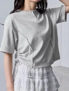 nui nullサイドシャーリングリボンヘンリーネックリブTシャツ