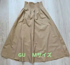 GU シャーリングフレアロングスカート ベージュ M ウエストゴム マキシ丈