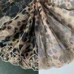 ベージュゴールドカラー花刺繍レオパード柄プリントチュールレース N-310