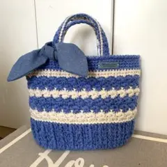 ハンドメイド＊春ニットバッグ＊ブルー✖️オフホワイト