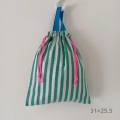 【ハンドメイド】みどりのストライプの持ち手付き巾着 9. 大きめ上履き入れ