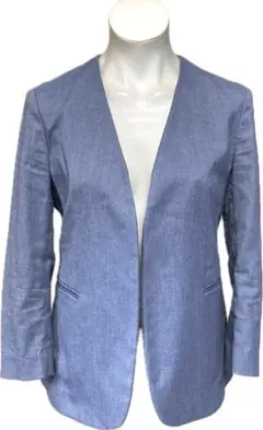 美品☆セオリー ストレッチコットンノーカラー七分袖ジャケット ブルー２☆