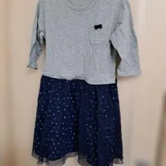 3can4on グレー×ネイビー 水玉ワンピース 5分袖