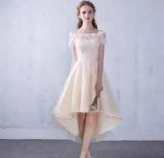 オフショルダー　レース　前短後長 パーティードレス 結婚式 美ライン