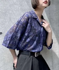 PAGEBOY ネイビー レースカイキン半袖シャツ